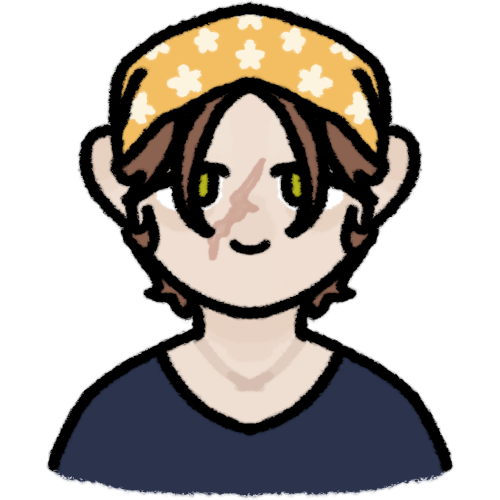 a light skinned person with green eyes and shaggy light brown hair. a yellow patterned scarf ties their hair back. there is a large scar across the person's face. they are wearing a dark grey t-shirt